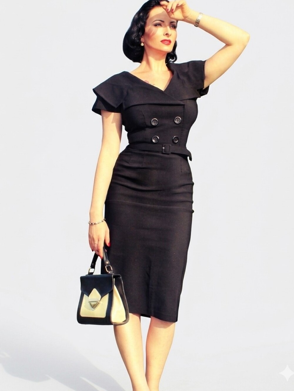 Bettie Page PinUp Secretary Retro Double Breasted Midi Dress Black Size XS